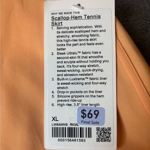 Lululemon Scallop-Hem High-Rise Tennis Skirt Rock Melon XL - Picture 4 of 6